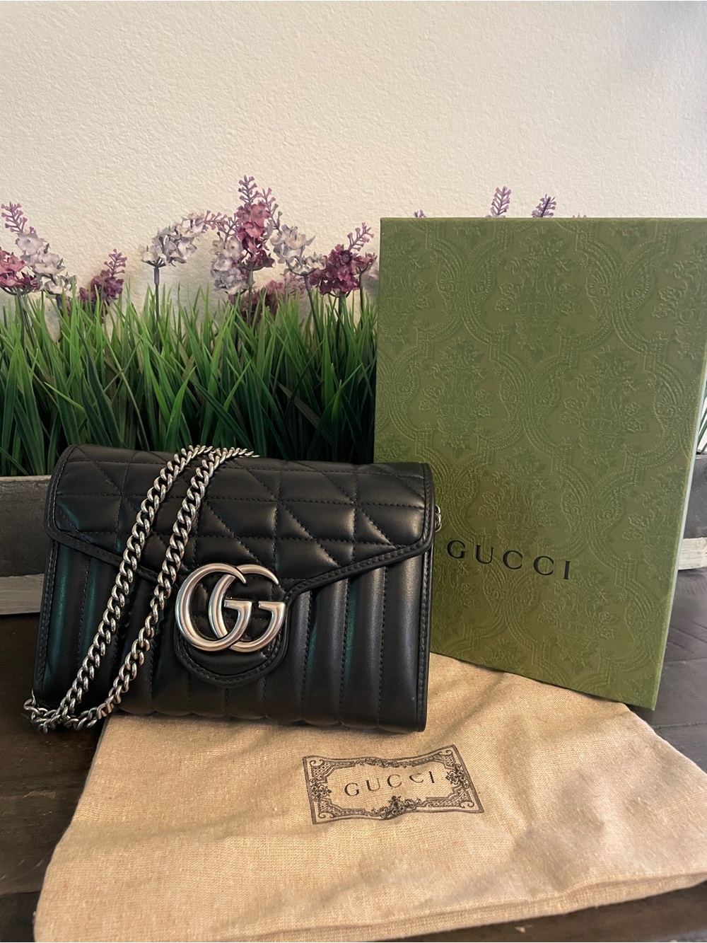 Gucci Black Matelasse Leather GG Marmont  Wallet on chain